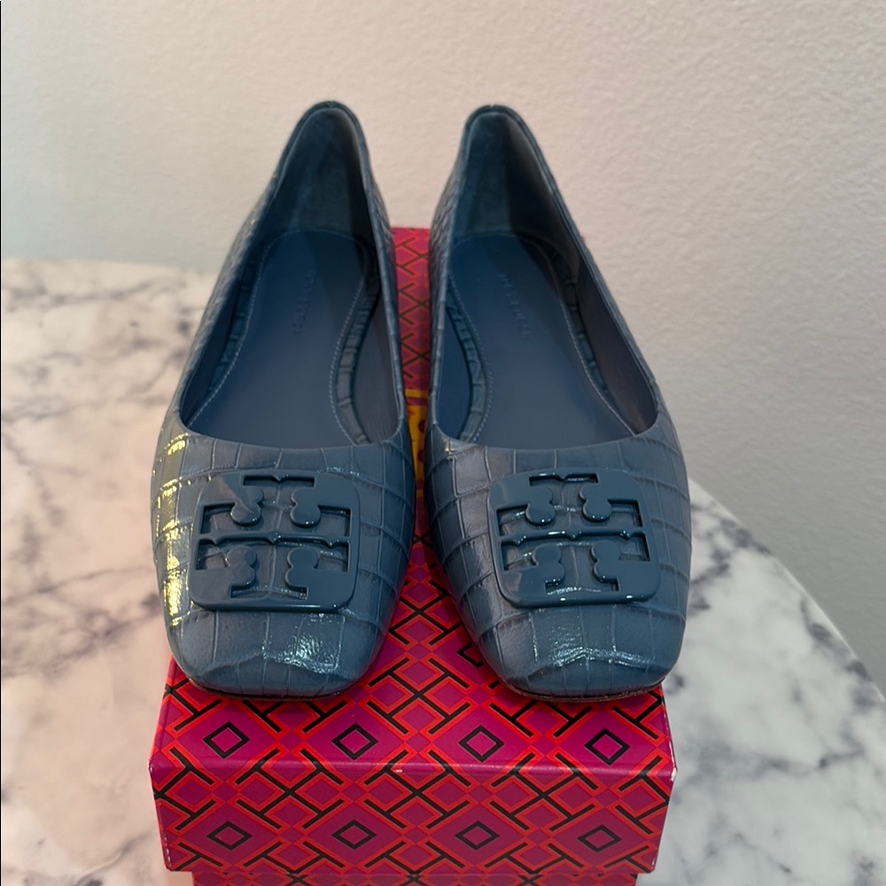 Tory Burch Georgia Soft Croc Embossed Flat in Denim Blue